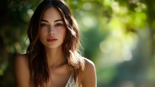 Soft sunlight portrait of a serene woman in green garden.