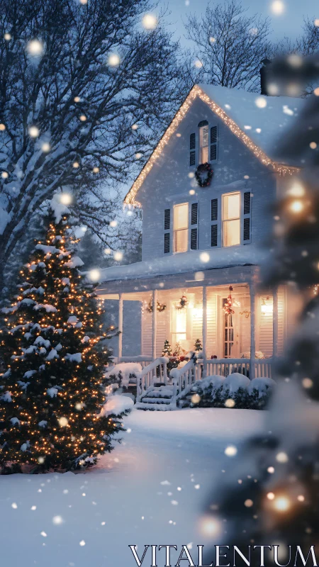 Snow-covered two-story house displays winter exterior lighting