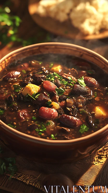 Smoky campfire bean stew crowned with rustic herbs glow.