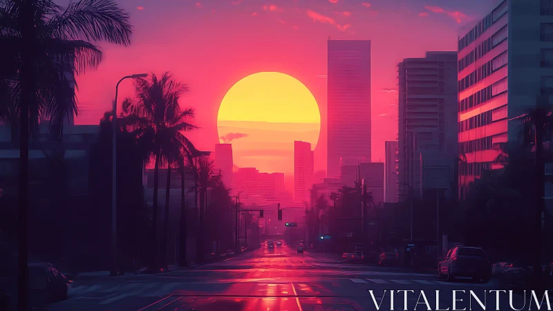 Neon-lit palm avenue frames overscaled sun behind urban skyline