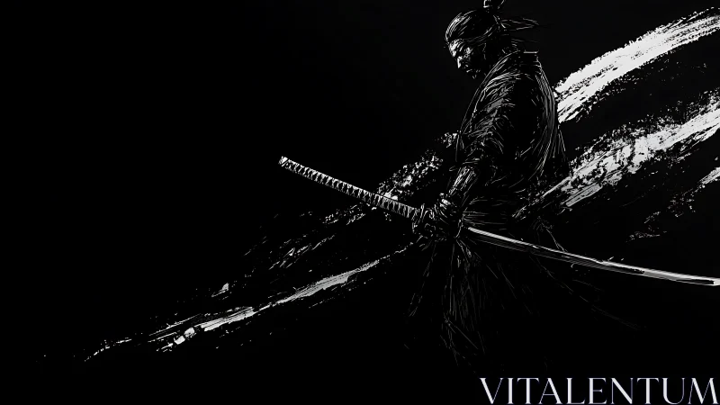 Lone samurai silhouette holds twin katanas in motion