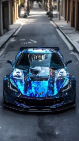 Custom blue sports car with reflective wrap on city street.