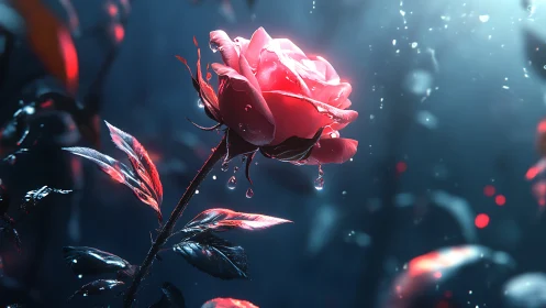 Luminescent Rose with Water Droplets.