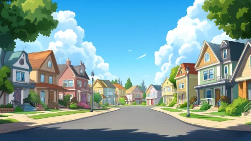 Digital painting of sunny suburban neighborhood streetscape.