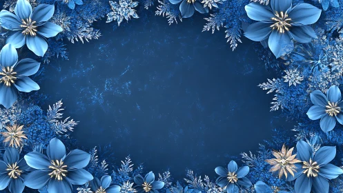 Blue floral border with metallic highlights on dark background.