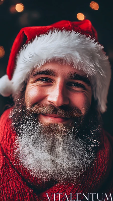 Smiling bearded man in Santa hat with frosted beard.