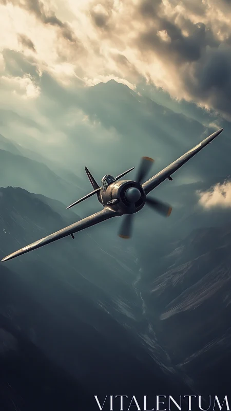 Monoplane interceptor banking through volumetric mountain light.