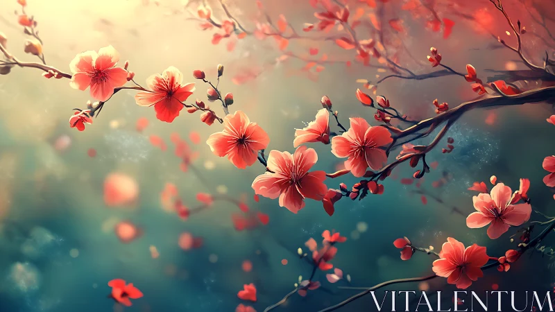 Red Cherry Blossoms Against Hazy Blue-Green Sky.