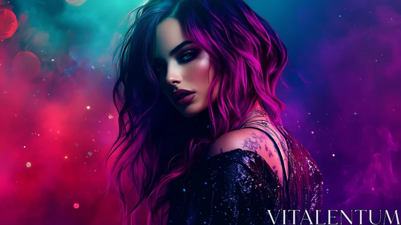 Neon-lit cyber noir portrait renders iridescent magenta hair