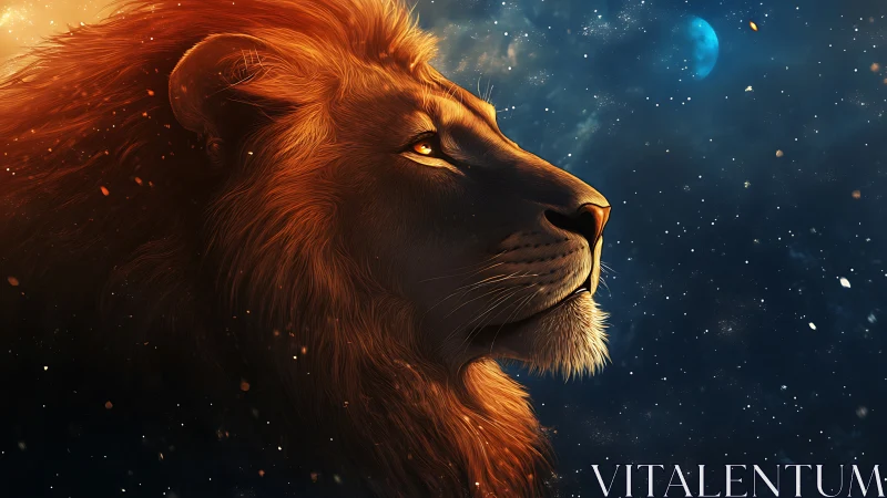 Stargazing lion bathed in golden light and quiet wonder.