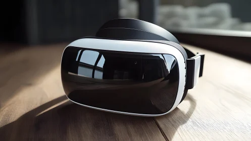 Sleek Virtual Reality Headset on Wooden Surface, Modern Lighting.
