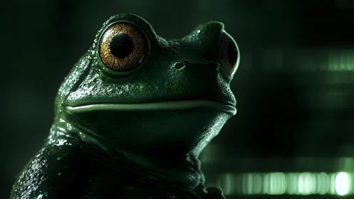 Close-up surreal frog portrait with dramatic lighting and deep green tones.