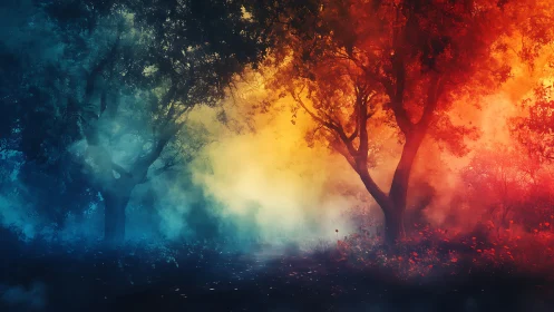 Forest divides into blue midnight and ember-bright dawn