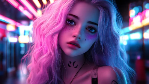 Neon lit portrait of pink haired woman in urban night scene.