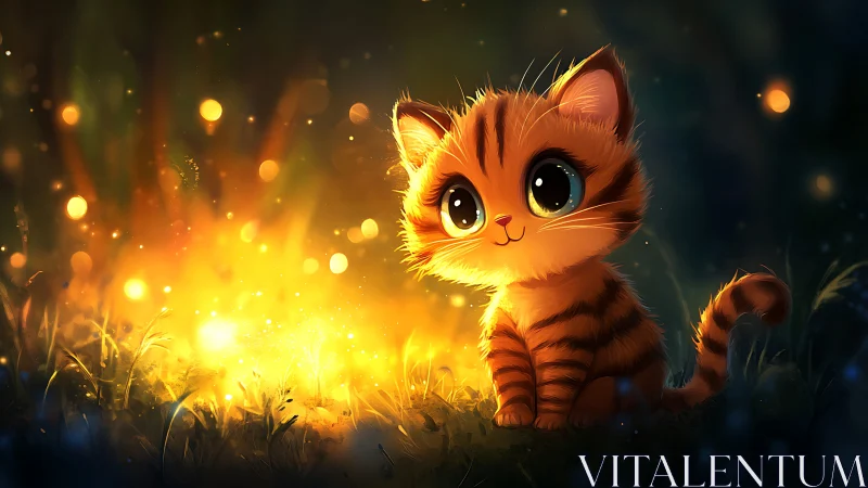 Cute glowing-eyed kitten sits in a warm firefly meadow night