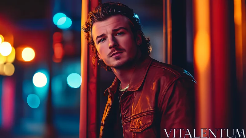 Cinematic neon portrait of man in leather under bokeh lights.