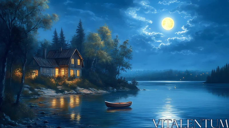 Moonlit lakeside cabin glowing under serene blue night.