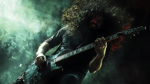 Metal guitarist in dynamic low-angle stage lighting portrait.