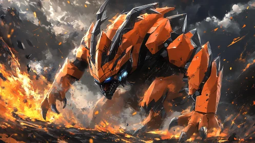 Molten mecha beast lunges forward through a storm of fire