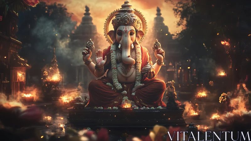 Ganesha idol in glowing temple courtyard during evening ritual.
