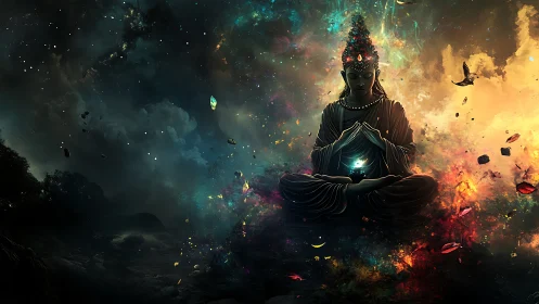 Cosmic meditation with a serene, glowing spiritual guide.