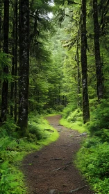 Forest Path Through Towering Conifers with Verdant Understory.