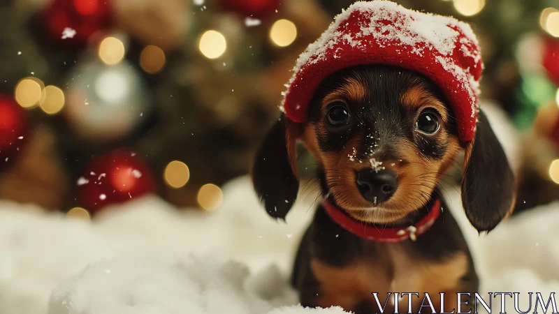Small dachshund puppy sits in snow wearing red winter hat