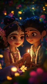 Animated couple in traditional festive attire holding diya.