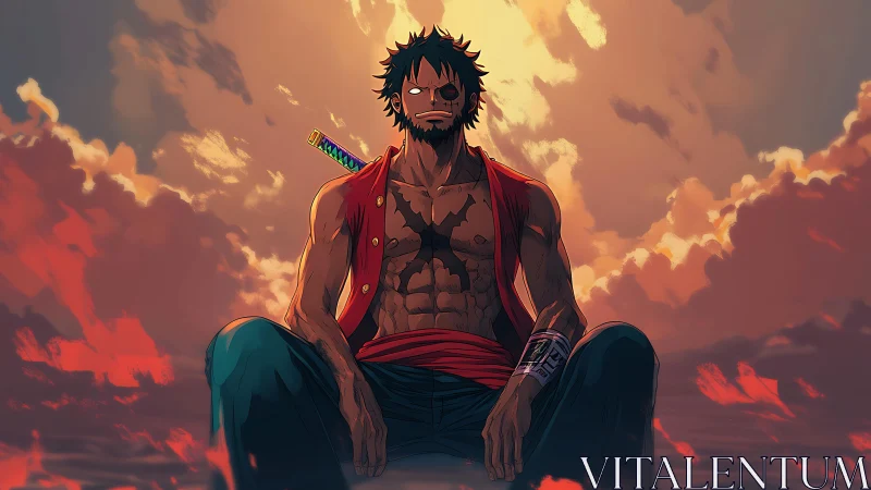 Sunset backlit anime warrior with dramatic volumetric cloudscape