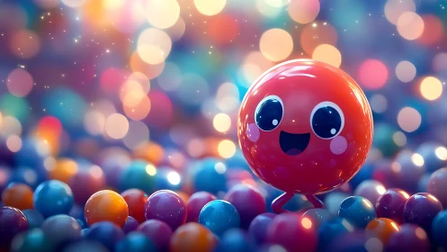 Luminous chibi sphere character amid bokeh-saturated orbs field.