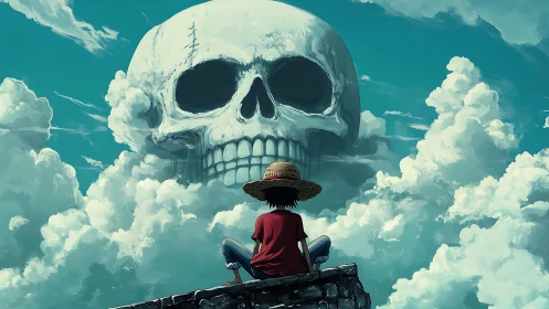 Skyward skull-shaped cloud looming above lone dreamer.
