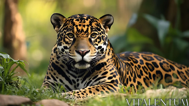 Calm jaguar rests in soft jungle light and watches quietly