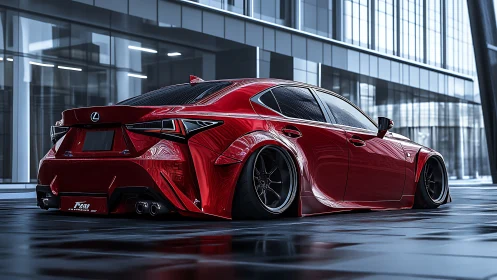Widebody Lexus sedan rendering with deep red gloss in glass atrium