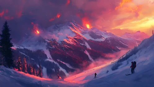 Blazing twilight over skiers in violet alpine valley.