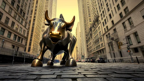 Bronze bull sculpture dominates low-angle urban street vista