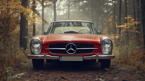 Scarlet vintage roadster pausing proudly in misty autumn woods.