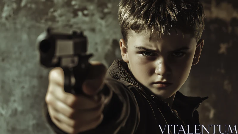 Young boy holding handgun in low key dramatic lighting.