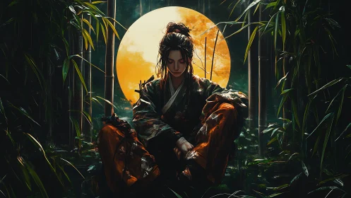 Solitary samurai meditates beneath a luminous harvest moon.