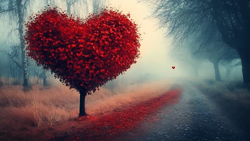 Heart-shaped tree dominates misty forest pathway.