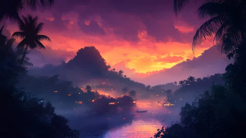 Dreamy tropical lagoon aglow beneath a vivid sunset sky.