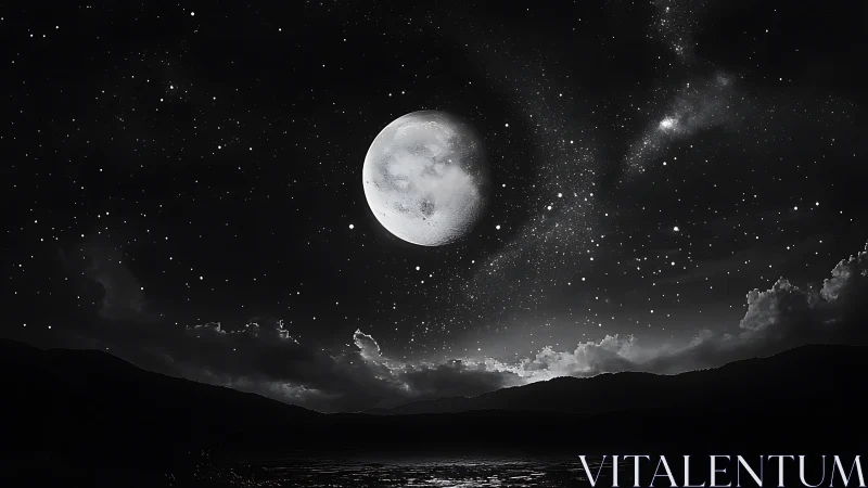 Monochrome moonlit night sky above distant mountain ridge.
