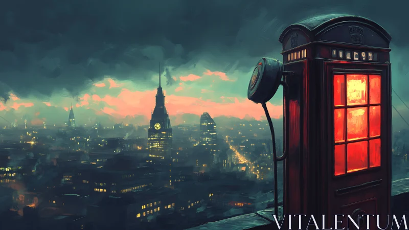 Glowing red phone box watching over a dreamy misty city.