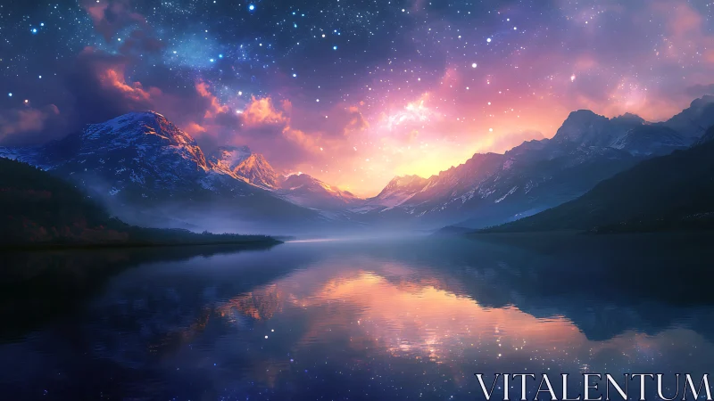 Starlit dawn ignites mirrored mountains over dreaming lake.