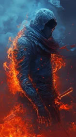 Hooded armored warrior stands in flames against blue smoke