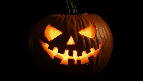 Grinning carved jack-o’-lantern glowing against deep black.