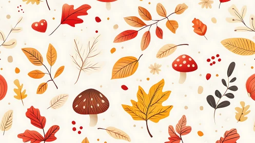 Playful autumn leaves and mushrooms seamless pattern.