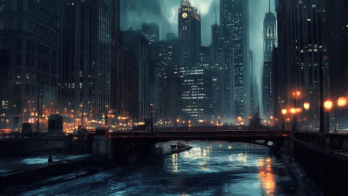 Rain-soaked futuristic city river with glowing bridges.