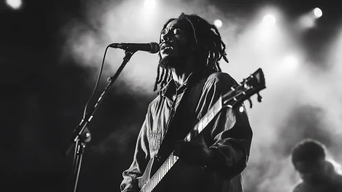 Black and white stage photograph of guitarist at microphone.
