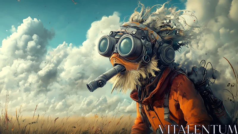 Postapocalyptic scout with gas mask crossing golden field.