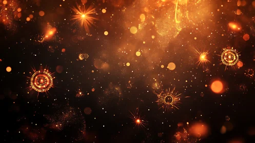 Golden stardust and glowing orbs in a cozy cosmic night.